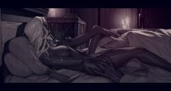 1boy bed bird_boy breasts candle completely_nude cunnilingus dark-skinned_female dark_skin elden_ring elden_ring_nightreign female female_pubic_hair furry furry_male furry_with_non-furry grabbing_own_breast greyscale guardian_(elden_ring) harsh-mallowz highres interspecies large_breasts monochrome nude on_bed oral pillow pubic_hair recluse_(nightreign)