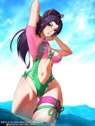 1girls asian_female ass ass_visible_through_thighs big_breasts bikini black_lipstick breasts busty curvy female green_nails highres light-skinned_female light_skin makeup marvel marvel_comics marvel_rivals opalisart ponytail psylocke psylocke_(breezy_butterfly) psylocke_(marvel_rivals) psylocke_(marvel_rivals)_(demon_days) purple_hair purple_hair_female swimsuit thick_thighs x-men