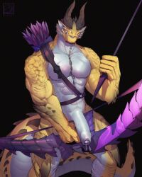 abs absurd_res anthro arrow_(weapon) big_muscles big_penis black_background bow_(weapon) capcom elder_dragon foreskin genitals greninjazz hi_res horn humanoid_genitalia humanoid_penis male monster_hunter muscles muscular muscular_anthro muscular_male pecs penis quiver_(object) ranged_weapon scalie shagaru_magala simple_background solo spiked_tail spikes spikes_(anatomy) tail thick_tail uncircumcised weapon