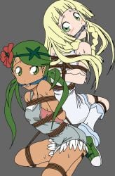 2girls back_to_back bare_shoulders blonde_hair blush bondage bondage bound captured female gag gagged green_eyes green_hair green_shoes hands_behind_back helpless lillie_(pokemon) looking_at_viewer mallow_(pokemon) neo123alex12093 overalls pokemon questionable_consent restrained rope short_shorts sweat tied_up white_dress white_socks worried