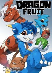 animal_genitalia bandai_namco clothing comic digimon digimon_(species) dragon eyewear fakemon fanmon food fruit genital_slit genitals glasses gloves guilmon hair handwear hi_res hybrid male male/male mythological_creature mythological_scalie mythology plant reptile satchel scalie sol_the_guilmon sven_the_giramon veemon voidtails yami_the_veemon