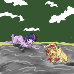 2girls breasts dirty equestria_girls mud my_little_pony panic purple_body quicksand stammis sunset_shimmer twilight_sparkle_(mlp) yellow_body