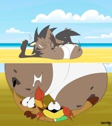 2024 absurd_res anthro arthropod ass beach big_ass big_butt bikini black_hair blue_sky brown_body brown_fur clothing crab crustacean decapod female fur group herpestid hi_res hyena leena_(potateymatey) malacostracan male mammal marley_(potateymatey) meerkat outside potateymatey sea sitting sitting_on_another sky spotted_hyena swimwear trio two-piece_swimsuit water