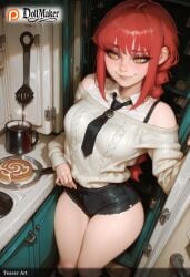 ai_generated aran_sweater bangs bare_shoulders braid breasts car dollmaker dollmaker_(artist) female ground_vehicle long_hair motor_vehicle off-shoulder_sweater off_shoulder patreon_logo red_hair ringed_eyes short_shorts shorts sitting smile solo sweater tagme yellow_eyes