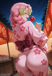 ai_generated ass blush braid breasts candy_apple demon_slayer female festival floral_print food gradient_hair green_hair high_resolution highres japanese_clothes kanroji_mitsuri kimetsu_no_yaiba kimono large_breasts long_hair long_sleeves mole mole_under_eye multicolored_hair night night_sky nimybotai obi open_mouth outdoors pink_hair pink_kimono sash sky smile solo summer_festival twin_braids twitter_username yukata
