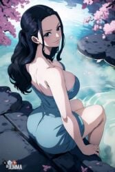 ass bare_shoulders black_hair blue_eyes breasts cherry_blossoms dress female flower large_breasts long_hair nico_robin onsen petals rock sitting smile solo water