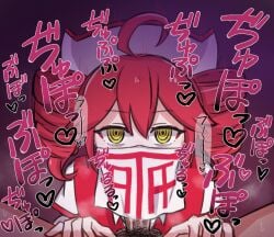 1boy 1girls 2d 2d_(artwork) @_@ ahoge artist_request blowjob blush blush_lines bodily_fluids clothed clothed_female clothed_female_nude_male clothing covered_mouth dont_believe_in_t_(vocaloid) eye_contact eyelashes face_mask fellatio female heart heart hearts_around_head hypnosis hypnosis_eyes implied_fellatio implied_oral japanese_text kasane_teto kasane_teto_(sv) loving_it male male_pov motion_lines musk musk_clouds mv_character oral oral_sex penis pubic_hair red_eyes red_hair religious_clothing robe saliva saliva_on_penis sex sound_effects steam straight sweat sweating swirly_eyes synthesizer_v text twin_drills utau vocaloid