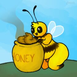 1:1 antennae_(anatomy) anthro arthropod artist_name ass bee big_butt biped black_eyes colored_feces digital_media_(artwork) feces feces_pile flaccid food food_scat foreskin genitals glans glistening glistening_eyes gloves_(marking) happy head_tuft hi_res honey_(food) honey_pot humanoid_genitalia humanoid_penis hymenopteran insect_wings insects leg_markings male markings outside penis pincoosh scat sky smile socks_(marking) solo stink_fumes text tuft unusual_feces wings yellow_body yellow_feces
