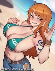 1female 1girls 2d 2d_(artwork) ai_generated big_ass big_breasts big_breasts brown_eyes fat_booty nami_(one_piece) one_piece orange_hair patreon patreon_username ryogangg seductive seductive_look shounen_jump tattoo