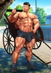 1boy 2022 ass bara black_hair blurry_background blush blush_lines bulge gay kumagorow male male_only muscular nipples original pubic_hair rickshaw shafu solo thumbs_up wink yaoi