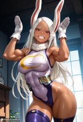 abs ai_generated animal_ears armpits arms_up bangs bare_shoulders biceps boku_no_hero_academia breasts bunny_pose covered_navel cowboy_shot crescent_print dark-skinned_female dark_skin female fur_collar gloves grin high_resolution highleg highleg_leotard highres indoors large_breasts leotard long_eyelashes long_hair looking_at_viewer mirko muscular muscular_female my_hero_academia parted_bangs purple_thighhighs rabbit_ears rabbit_girl rabbit_tail red_eyes shiny shiny_skin sleeveless sleeveless_turtleneck sleeveless_turtleneck_leotard smile solo stable_diffusion tail teeth thick_thighs thighhighs thighs toned turtleneck turtleneck_leotard very_long_hair waifuscans418 white_gloves white_hair white_leotard window