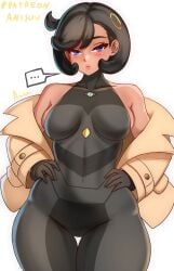 ... 1girls anisdrawn black_hair blush bodysuit dark_skin emma_(pokemon) exposed_shoulders female female_only hair_ornament hands_on_hips human human_only lips mega_stone pokemon pokemon_legends:_z-a sfw short_hair slight_blush solo tagme tan_body thick_thighs tight_clothing trenchcoat wide_hips