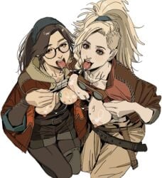 2girls alma_(monster_hunter_wilds) asymmetrical_docking belt black-framed_eyewear blonde_hair breast_press breasts breasts_out brown_hair clothes_lift gemma_(monster_hunter_wilds) glasses goggles imamura_ryou long_hair looking_at_viewer medium_breasts monster_hunter monster_hunter_wilds multiple_girls open_mouth saliva saliva_trail semi-rimless_eyewear shirt_lift simple_background sweat tongue tongue_out under-rim_eyewear video_games white_background
