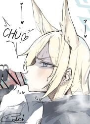 animal_ears blue_archive dog_girl female female halo kanna_(blue_archive) kissing_tip lipstick nmti_col oral
