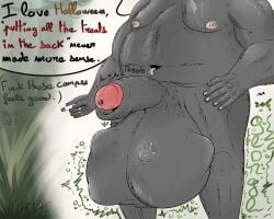 anthro ape balls big_balls cock_vore dialogue foreskin fur genitals gorilla grey_body grey_fur haplorhine hi_res huge_balls male male_pred mammal miicoa_(artist) musclegut muscular muscular_arms muscular_male navel navel_piercing overweight overweight_male penile penis piercing primate standing struggling struggling_prey text uncircumcised vore