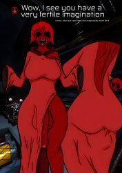 big_ass big_balls big_breasts big_cock black_eyes futanari long_sleeves milf mommy not_so_imaginary_friend_(pressure) pressure_(roblox) red_dress red_hair red_skin