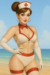 ai_generated beach brown_hair chatgpt earrings gloves hair_bun nurse nurse_bikini nurse_cap ocean,
