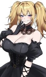 1girls ani_(twitter) ani_(xai) big_breasts blonde_hair blue_eyes breasts cleavage clothed_female grok grok_(x) grok_(xai) light-skinned_female smug solo solo_female twintails twitter vvernerluniq white_background
