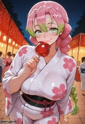ai_generated bangs blush braid breasts candy_apple demon_slayer female festival floral_print food gradient_hair green_eyes green_hair hair_between_eyes high_resolution highres holding holding_food japanese_clothes kanroji_mitsuri kimetsu_no_yaiba kimono large_breasts lips long_hair looking_at_viewer mole mole_under_eye multicolored_hair night nimybotai obi outdoors pink_hair sash sky smile solo_focus summer_festival twin_braids twitter_username yukata