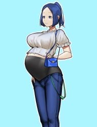 big_breasts blue_eyes blue_hair female female_only fully_clothed inonice01 jeans maternity_clothes milf mole_under_eye original original_character ponytail pregnant purse solo