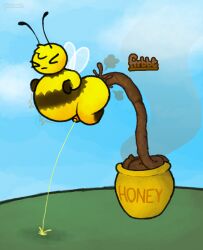 antennae_(anatomy) anthro arthropod artist_name ass bee belly belly_ache big_belly big_butt biped bodily_fluids closed_eyes cloud digital_media_(artwork) emanata english_text excessive_feces fart fart_cloud feces feces_pile flaccid flying foreskin frown genital_fluids genitals glans gloves_(marking) head_tuft hi_res honey_pot humanoid_genitalia humanoid_penis hymenopteran insect_wings insects leg_markings male male_peeing male_pooping markings outside peeing peeing_on_ground penis pincoosh pooping_in_container scat sky socks_(marking) solo sound_effects stink_fumes straining text tuft urine urine_on_ground vowelless vowelless_sound_effect wings yellow_body