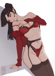 1girls arm_covers_breast artist_name black_hair blunt_bangs bow_bra bow_panties breast_squeeze breast_squish breast_suppress commission earrings garter_belt hand_on_own_chest highleg highleg_panties inuyasha jewelry kagura_(inuyasha) lace-trimmed_bra lace-trimmed_panties lace_trim lingerie medium_breasts navel off_shoulder pointy_ears ponytail quilm red_bra red_eyes red_panties red_shirt shadow shirt simple_background sitting solo thighhighs underwear white_background ych ych_commission