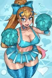 1girls blonde_hair blue_eyes cheerleader cheerleader_uniform eyeshadow female female_focus female_only hi_res hips long_hair looking_at_viewer metroid midriff nintendo pom_poms ponytail saiykik samus_aran thick_thighs thighhighs thighs zero_suit_samus