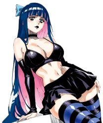 bad_id bad_twitter_id black_choker black_eyeshadow black_nails blue_eyes blunt_bangs bow breasts choker colored_inner_hair eyeshadow female goth_fashion hairbow highres large_breasts long_hair looking_at_viewer lorna12155671 makeup multicolored_hair panty_&_stocking_with_garterbelt pink_hair purple_hair simple_background solo stocking_(psg) stocking_anarchy striped_clothes striped_leggings striped_thighhighs thighhighs two-tone_hair