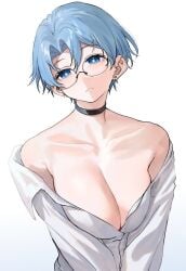 aochoku bare_shoulders blue_eyes blue_hair breasts bright_pupils choker cleavage collarbone earrings female glasses highres jewelry large_breasts long_sleeves off_shoulder original parted_bangs parted_lips round_eyewear shirt short_hair simple_background solo stud_earrings tomboy upper_body v_arms white_background white_pupils white_shirt