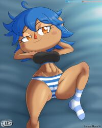 abs animal_crossing animal_crossing_girl bed big_breasts blue_hair breasts digital_media_(artwork) female freckles jackintaro looking_at_viewer maya_(jackintaro) nintendo oc oerba_yun_fang panties socks tanline underwear villager_(animal_crossing) yellow_eyes