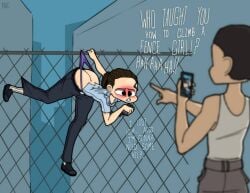 1boy ass background bathroom belt black blur blurry blush boys breasts brown chain-link depth english female fence field floor foreground full-face hair male meme motion multiple of pants shirt shoes short sleeveless standing text tile tiles