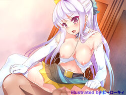 1boy artist_name bare_shoulders blush bra bra_pull breasts censored cowgirl_position drooling elbow_gloves female gloves kii_(theory) midriff mosaic_censoring navel penis purple_eyes purple_hair saliva sex smile sweat thighhighs underwear white_gloves white_legwear