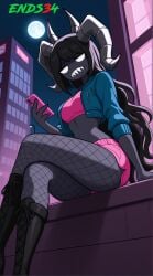 2025 ai_generated bare_stomach black_hair boots boss crop_top crossed_legs demon_girl ends34 female female_only fit_female from_below grey_body horns long_hair looking_at_viewer night pink_shorts prostitution siren slutty_pose the_binding_of_isaac the_siren_(the_binding_of_isaac)