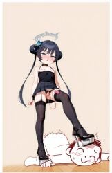 1boy 1girl1boy 1girls ai_generated blue_archive blush camisole camisole_pole crotchless_panties dominant_female doodle_sensei_(blue_archive) double_bun female garter_straps halo high_heels kisaki_(blue_archive) male miniskirt nipples plaid_skirt platform_heels pleated_skirt sensei_(blue_archive) stepped_on stepping_on_head stockings submissive_male triangle_mouth twintails vibrator vibrator_cord vibrator_in_pussy vibrator_in_thighhighs