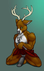 anthro antlers balls big_balls big_muscles big_pecs big_penis black_nose black_penis brown_fur cervine chest_tuft color crossdressing deer front_view fur furry furry_only green_eyes hair half-erect horn huge_cock humanoid_penis kneeling lifting_skirt male male_only mammal muscles oxford pecs penis randt shy skirt solo timid tuft white_fur