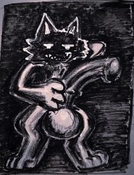 absurd_res animal_genitalia animal_penis anthro balls big_balls black_background canid canine dark empty_eyes equine_genitalia equine_penis genitals glistening glistening_body hand_on_penis hi_res humanoid hyper male mammal medial_ring monster penis simple_background solo toony traditional_media_(artwork) unakot