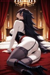 1girl ai_generated ass black_footwear black_hair black_legwear blue_eyes boots breasts cuffs curtains domino_mask garter_straps handcuffs hi_res high_heel_boots high_heels high_quality high_resolution kiraamane large_breasts long_hair looking_at_viewer looking_back midnight_(my_hero_academia) my_hero_academia on_bed patreon seductive sexy solo thighhighs uncensored watermark