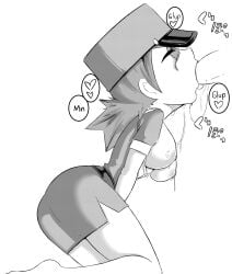 akatosh_el_shota_furro breasts closed_eyes exposed_breasts fellatio female hair hi_res human kneeling male masturbating_during_fellatio masturbation monochrome nipples officer_jenny_(pokemon) on_knees penis pokemon police police_uniform saliva saliva_string text