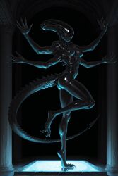 1girls 4_arms ai_generated alien alien_(franchise) alien_girl alien_humanoid black_body black_skin breasts claws dark_background darkness digitigrade eyeless female indoors inside jimojo long_tail monster monster_girl nipples no_eyes no_nose noseless nude religious solo spiked_tail stable_diffusion standing_on_one_leg tail tiptoes underlighting weapon_tail xenomorph