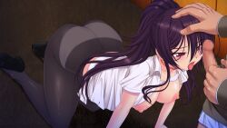 1boy all_fours bra bra_lift breasts censored clothes_lift collarbone collared_shirt crotch_seam dress_shirt earrings female game_cg genseishinki_sacred_virth hair_between_eyes hand_on_another's_head high_ponytail imminent_fellatio jewelry large_breasts large_variant_set long_hair mosaic_censoring neck_tattoo nipples non-web_source official_art open_clothes open_mouth open_shirt panties panties_under_pantyhose pantyhose penis ponytail purple_eyes purple_hair school_uniform shirt shoes short_sleeves solo_focus straight tattoo tongue tongue_out underwear variant_set very_long_hair white_bra white_panties white_shirt yuugure_pairo yuuki_setsu