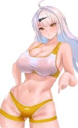 1girls areola_bulge areolae bbonk64 big_breasts bottomwear breasts cleavage female female_only hair hairclip hand_on_hip huge_breasts long_hair short_shorts shorts solo solo_female sports_bra sports_shorts sportswear sweat sweatdrop sweaty sweaty_body thighs topwear white_hair yellow_eyes yellow_shorts yixuan_(zenless_zone_zero) zenless_zone_zero