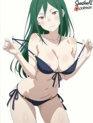 ai_generated areola_slip ass_visible_through_thighs bare_arms bare_shoulders bikini bikini_pull black_bikini blush breasts cleavage closed_mouth clothes_pull collarbone contrapposto cowboy_shot crusch_karsten female front-tie_bikini_top front-tie_top green_hair hair_between_eyes hands_up head_tilt large_breasts leaning_forward light_smile long_hair looking_at_viewer medium_breasts navel o-ring o-ring_bikini o-ring_bottom o-ring_top orange_eyes pulled_by_self re:zero_kara_hajimeru_isekai_seikatsu side-tie_bikini_bottom sidelocks simple_background smile solo spasibo15 standing stomach straight_hair strap_lift strap_pull string_bikini swimsuit thighs white_background