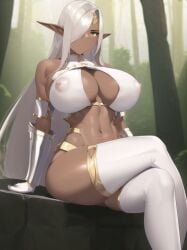 at bangs bare blush breasts circlet cleavage closed clothes covered crossed dark detached ear elbow elf eyes eyes female forest gloves hair huge jewelry large legs legwear long looking mouth nature navel nipples one ornament over pointy revealing see shiny shoulders silver sitting skin sleeveless sleeves solo strap thigh thighhighs thighs through very viewer white yellow