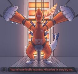 anal anal_sex arms_above_head bondage bondage bound chastity_device clothing cuff_(restraint) feral generation_2_pokemon heater hi_res latex latex_clothing latex_skinsuit legendary_pokemon long_term_bondage lugia male n1k0 nintendo penetration permanent pokemon pokemon_(species) prisoner restraints sensory_deprivation shackles skinsuit solo spreader_bar standing tail text tight_clothing