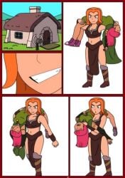2girls armor black_border blue_eyes breasts clash_(series) clash_of_clans cleavage collage comic female greaves long_hair medium_breasts midriff multiple_girls navel orange_hair pelvic_curtain red_hair smile weapon