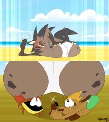 2024 absurd_res anthro arthropod ass beach big_ass bikini blue_sky brown_body brown_fur clothing crab crustacean decapod female fur group hand_on_ass herpestid hi_res hyena leena_(potateymatey) malacostracan male mammal marley_(potateymatey) meerkat outside potateymatey sea sitting sitting_on_another sky spotted_hyena swimwear trio two-piece_swimsuit water