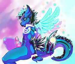 1boy 2014 abs anthro ass blue_dragon cute dragon ear_piercing erection feathers glowing hair happy hi_res horn inuki knot looking_at_viewer male male_only muscles nude pecs penis piercing short_hair sitting smile solo star wings