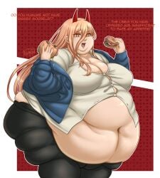 1girls bbw burger chainsaw_man eating eating_burger eating_food english_text fat_fetish female holding holding_burger holding_food holding_object horns meatpedal overweight overweight_female power_(chainsaw_man) weight_gain
