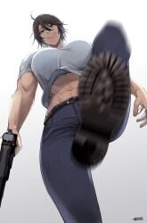 1girls 2d abs belt black_hair boot_soles boots chequita chiquita_(jormungand) clothed cruelty dominant_female female female_focus female_only footwear from_below giantess green_eyes gun imminent_stomp jeans jormungand looking_at_viewer looming low-angle_view midriff muscular muscular_female necklace pov smile smirk smug stomping submissive_pov sunshirou underfoot viewed_from_below worm's-eye_view
