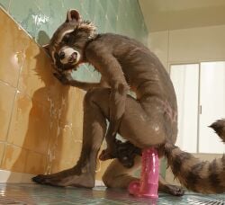 ai_generated ass balls cum dildo dildo_in_ass guardians_of_the_galaxy kneeling male masturbation open_mouth orgasm penis raccoon rocket_raccoon shower solo trueliamay wet